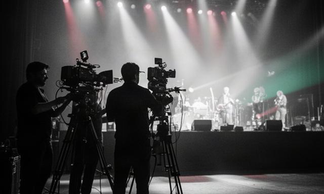 Cameraploeg naast een concertpodium tijdens een live registratie