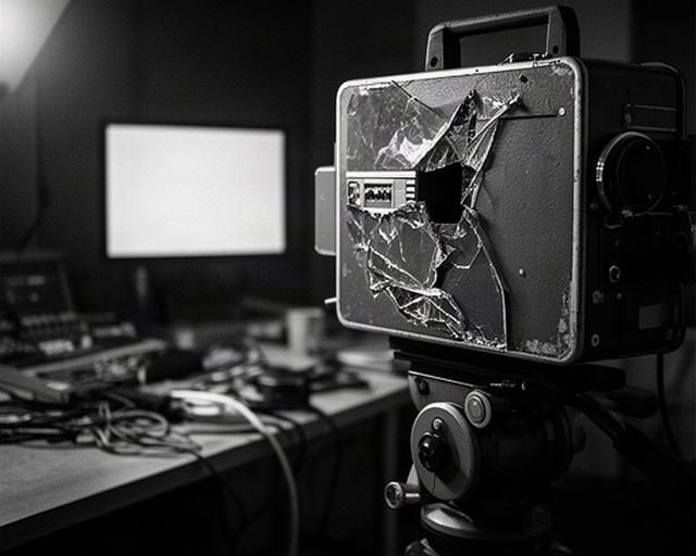 Zwart-witfoto van een beschadigde televis camera in een donkere redactieruimte